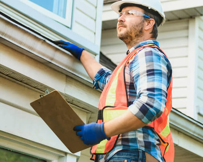 Maintenance worker inspecting residential gutters with a clipboard