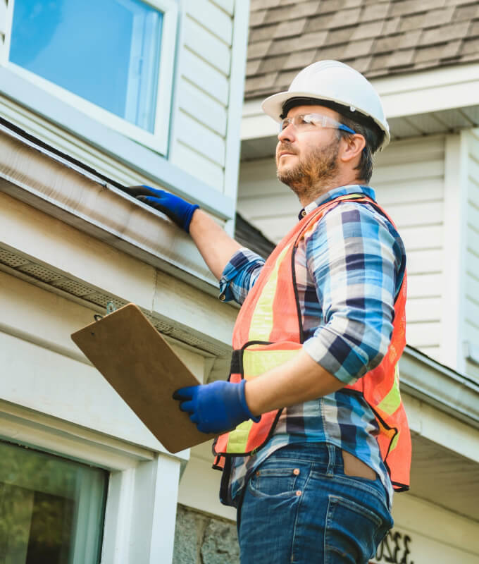 Maintenance worker inspecting residential gutters with a clipboard